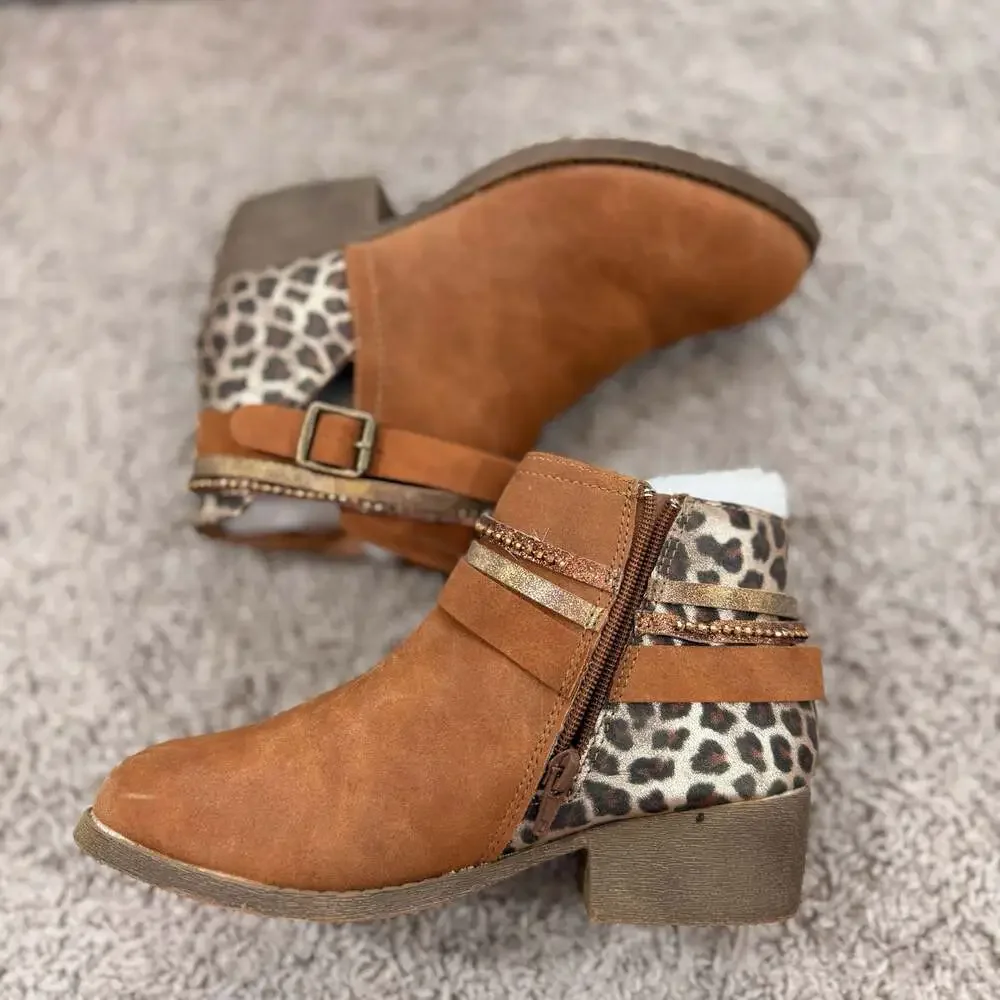 Biddy Girls Tan Leopard‎ Western Ankle Boots Size 4M Boutique Booties EUC